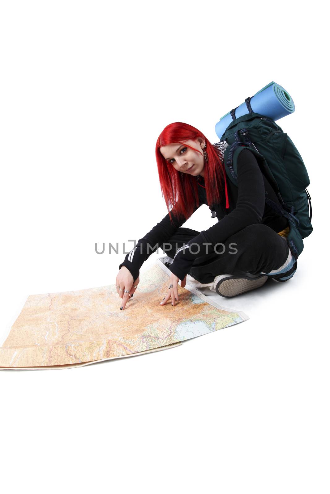 Young Dyed Hair Female Tourist Pointing On Map Over White Background