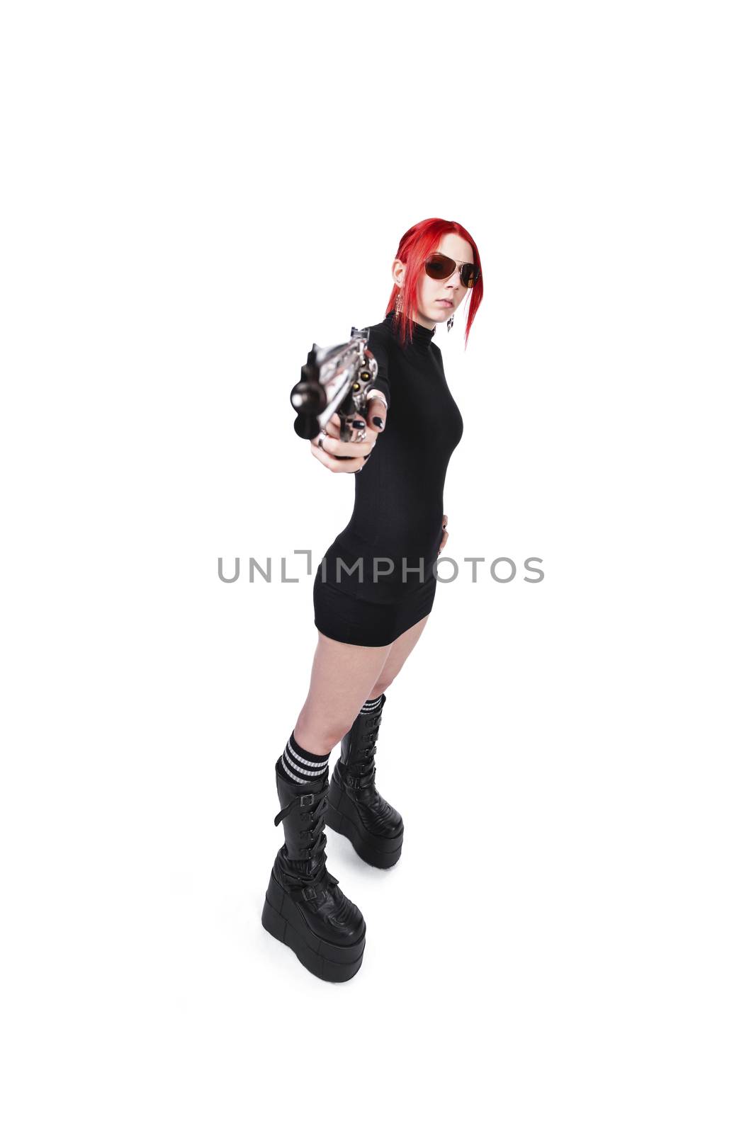 Young Dyed Hair Female Holding Gun Over White Background