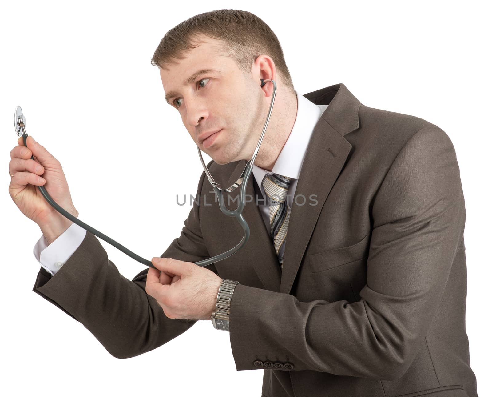 Businessman with stethoscope isolated on white background, closeup