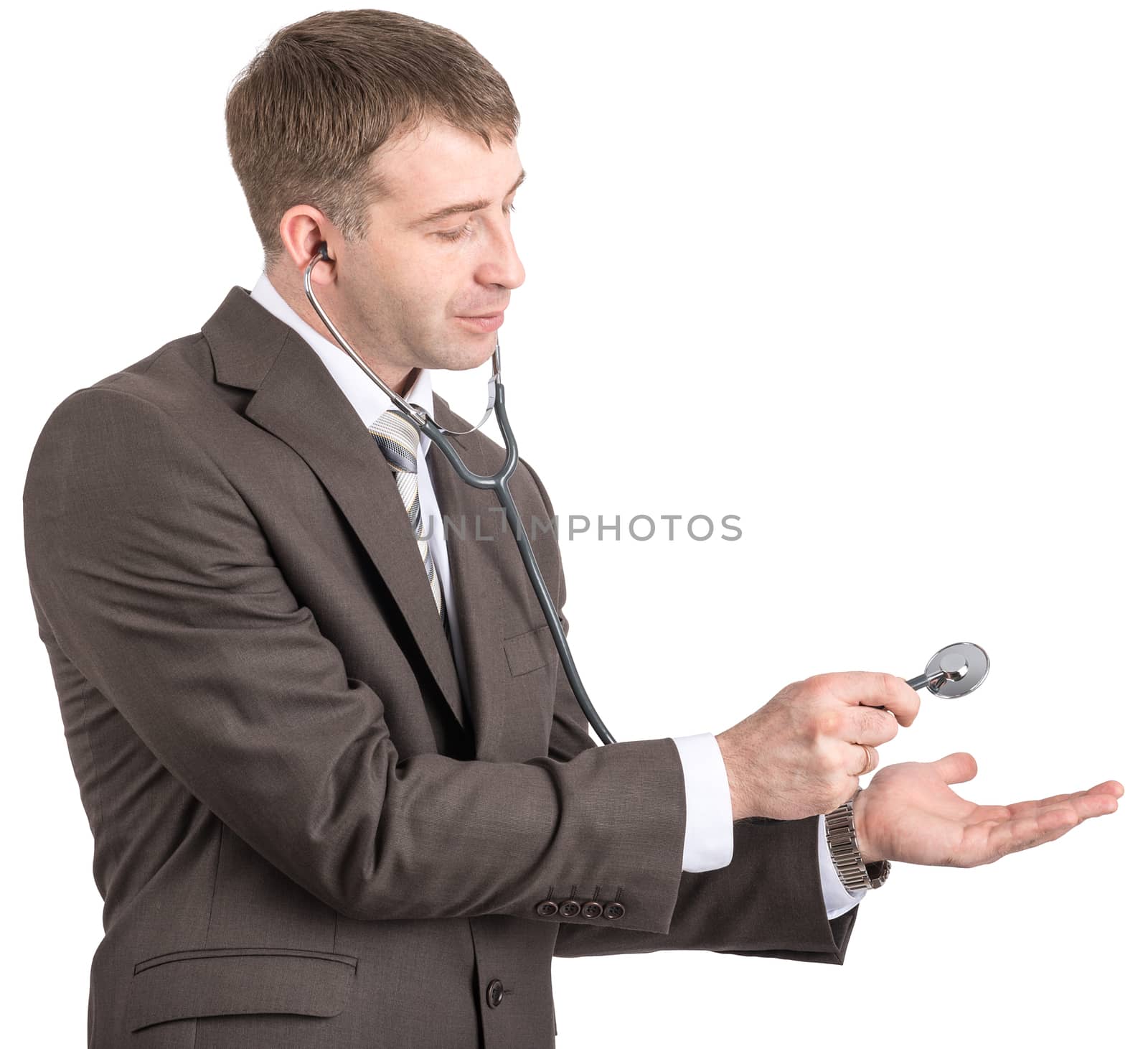 Businessman with stethoscope with empty hand isolated on white background