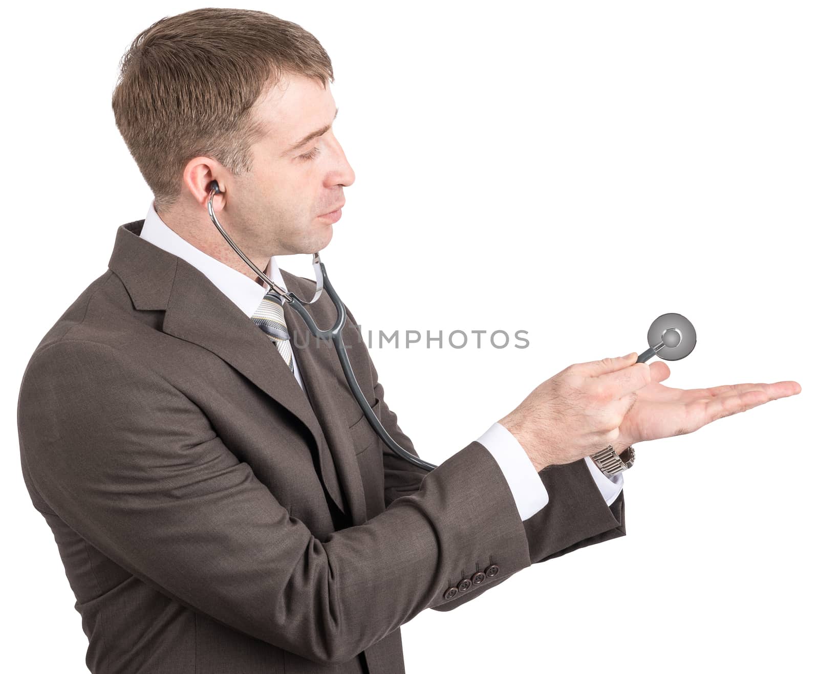 Businessman with stethoscope isolated on white background