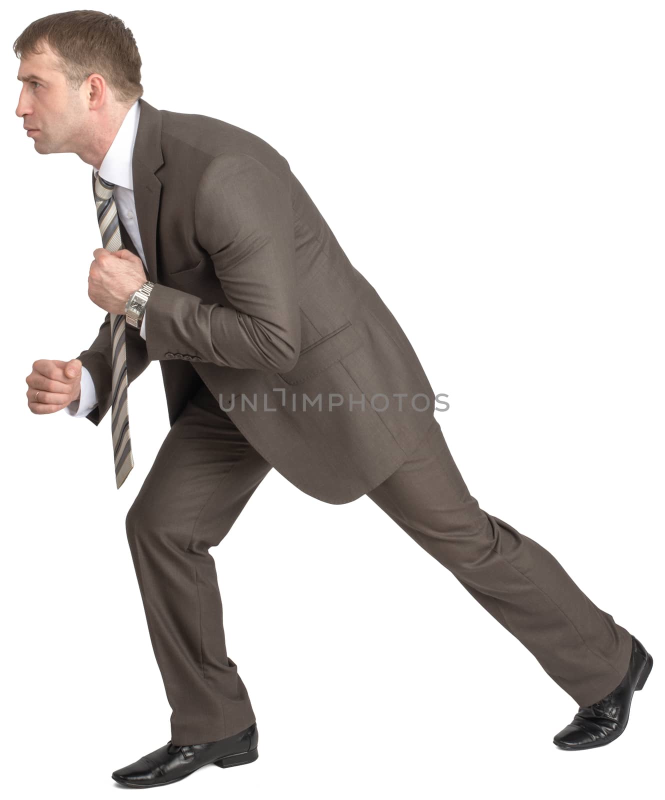 Businessman pulling invisible rope isolated on white background, side view