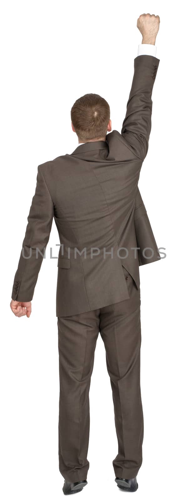 Businessman with right arm up and looking up isolated on white background, rear view