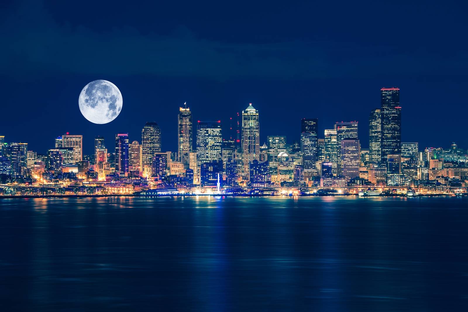 Seattle and the Moon Night Skyline. Seattle, Washington, United States. 