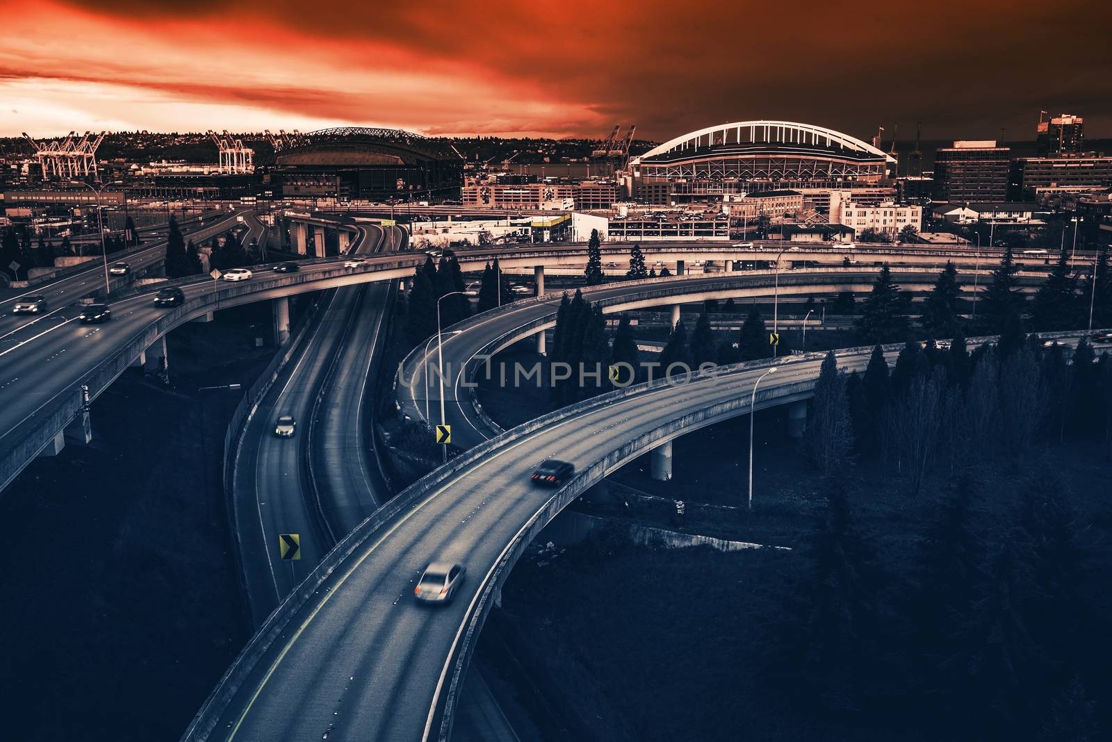 Seattle Highways Intersection in Reddish Blue Color Grading. Seattle, Washington, United States.