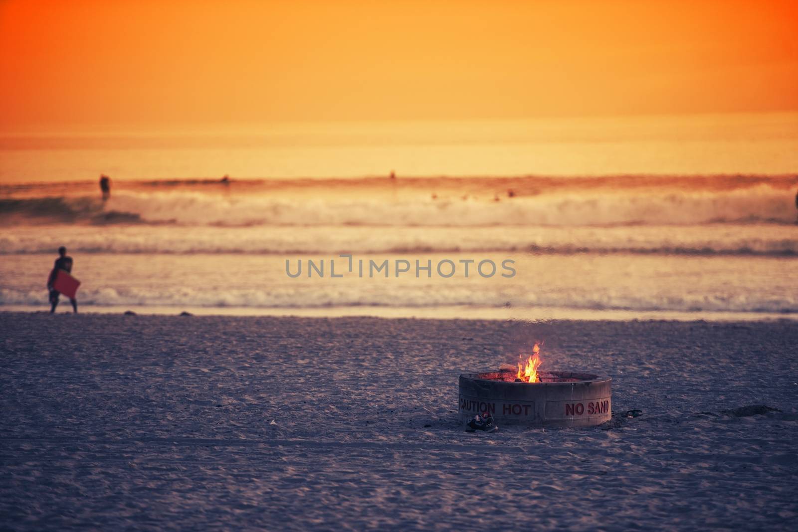 Beach Fire Pit. Oceanside, California Burning Fire Pit on the Beach.