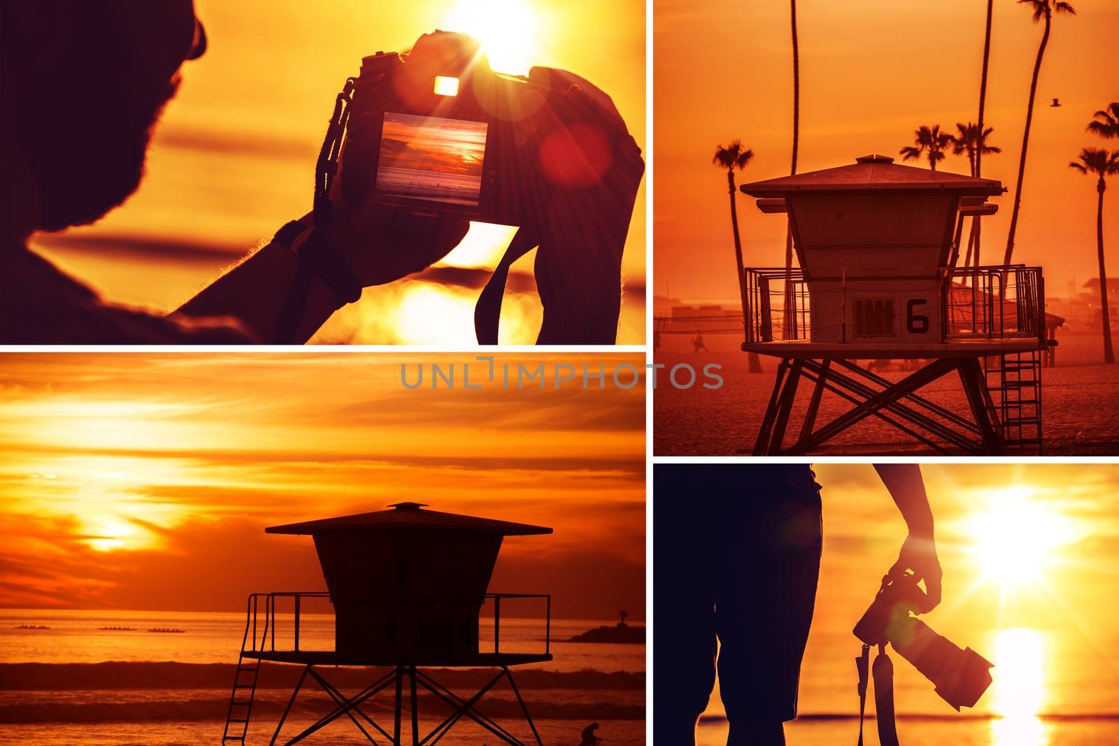 Beach Sunset Photography Collage. Young Photographer with Camera Taking Pictures at Sunset. California Oceanside Beach. Nature and Travel Photography Theme.