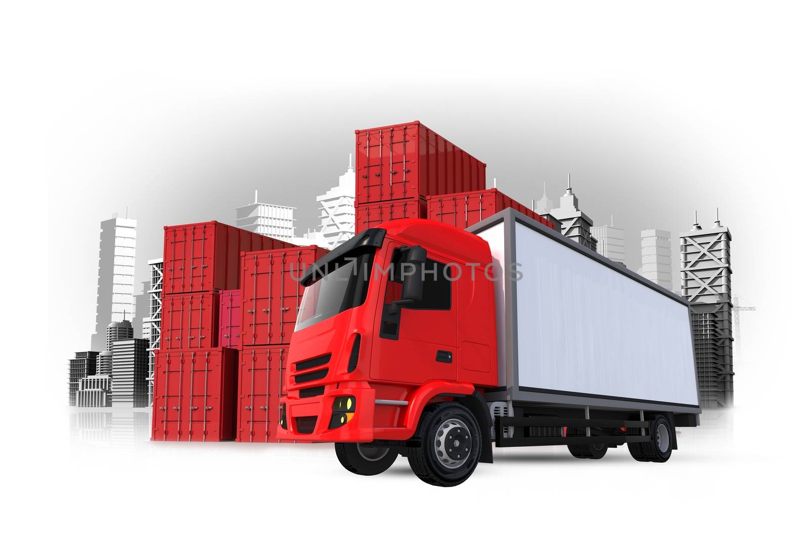 Cargo and Shipping 3D Concept Illustration. Red Cargo Truck, Cargo Containers and the City. Shipping Concept.