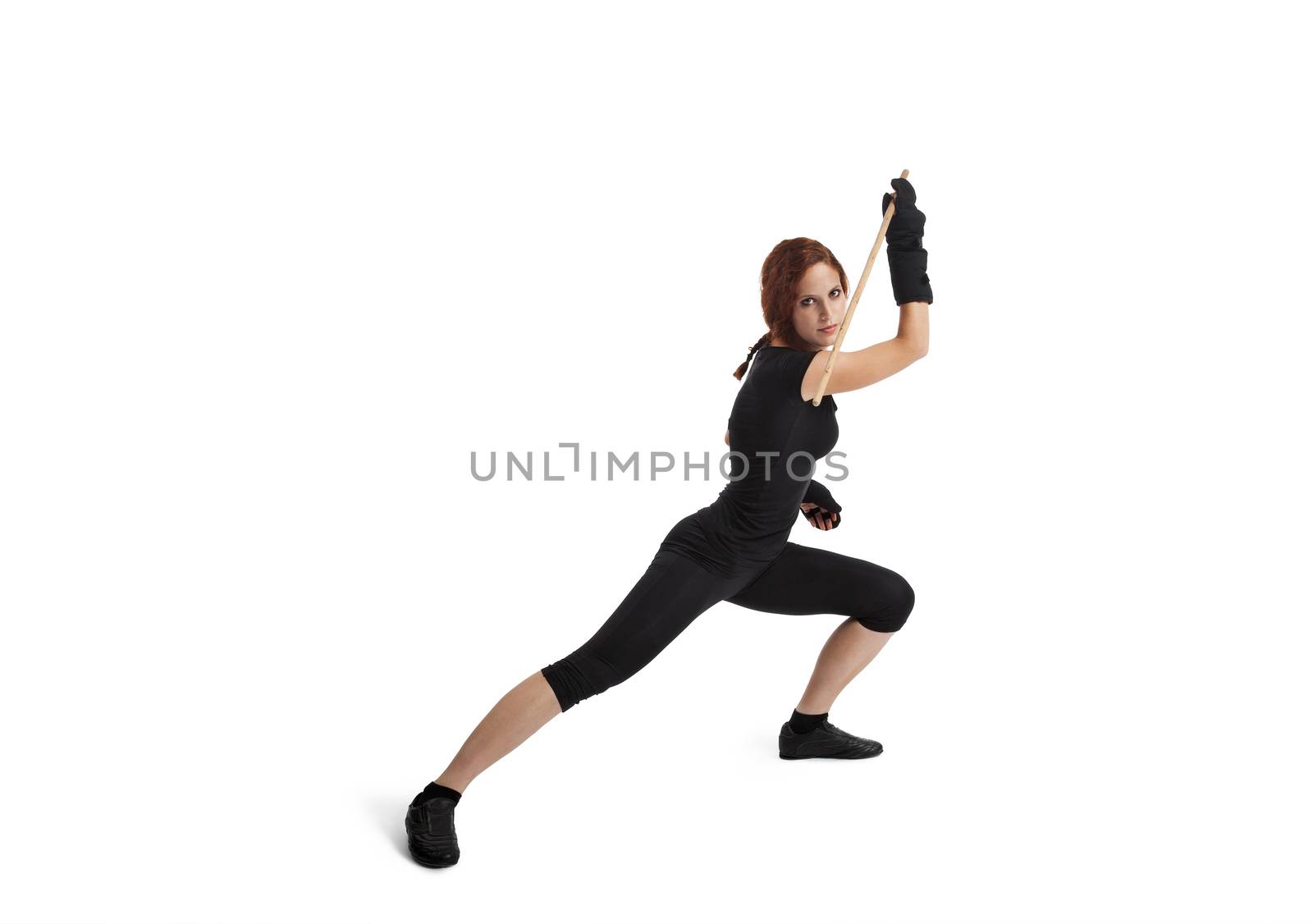 Woman Fencing On White Background