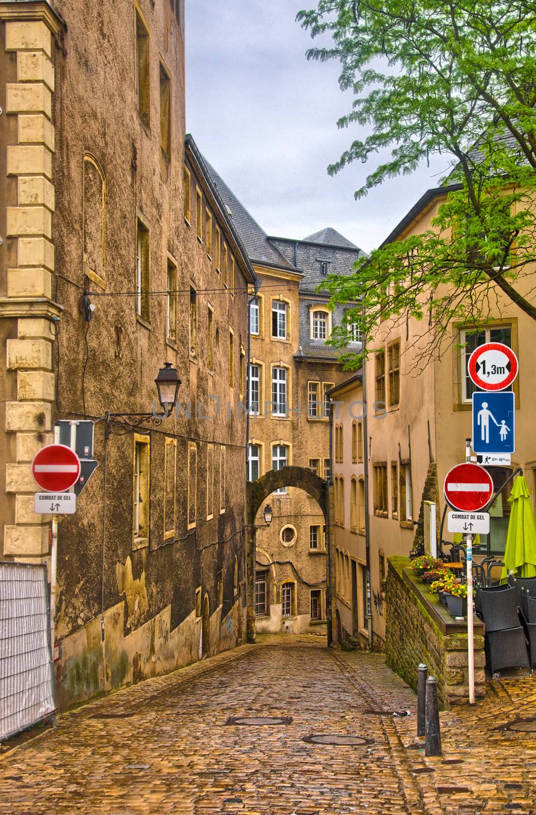 Narrow medieval street in Luxembourg, Benelux, HDR