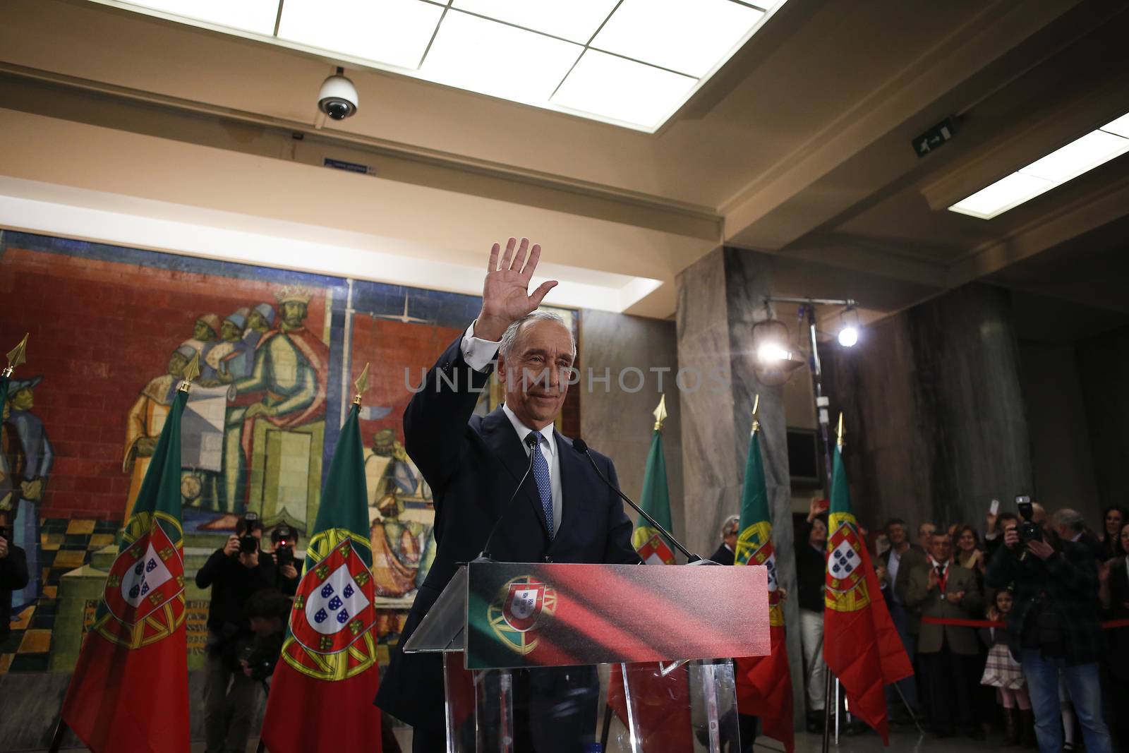 PORTUGAL, Lisbon: Portugal's new president, Marcelo Rebelo de Sousa, gives a speech in front of his supporters, in Lisbon, Portugal, on January 24, 2016, after winning the presidential elections with more than 50% of the votes.  