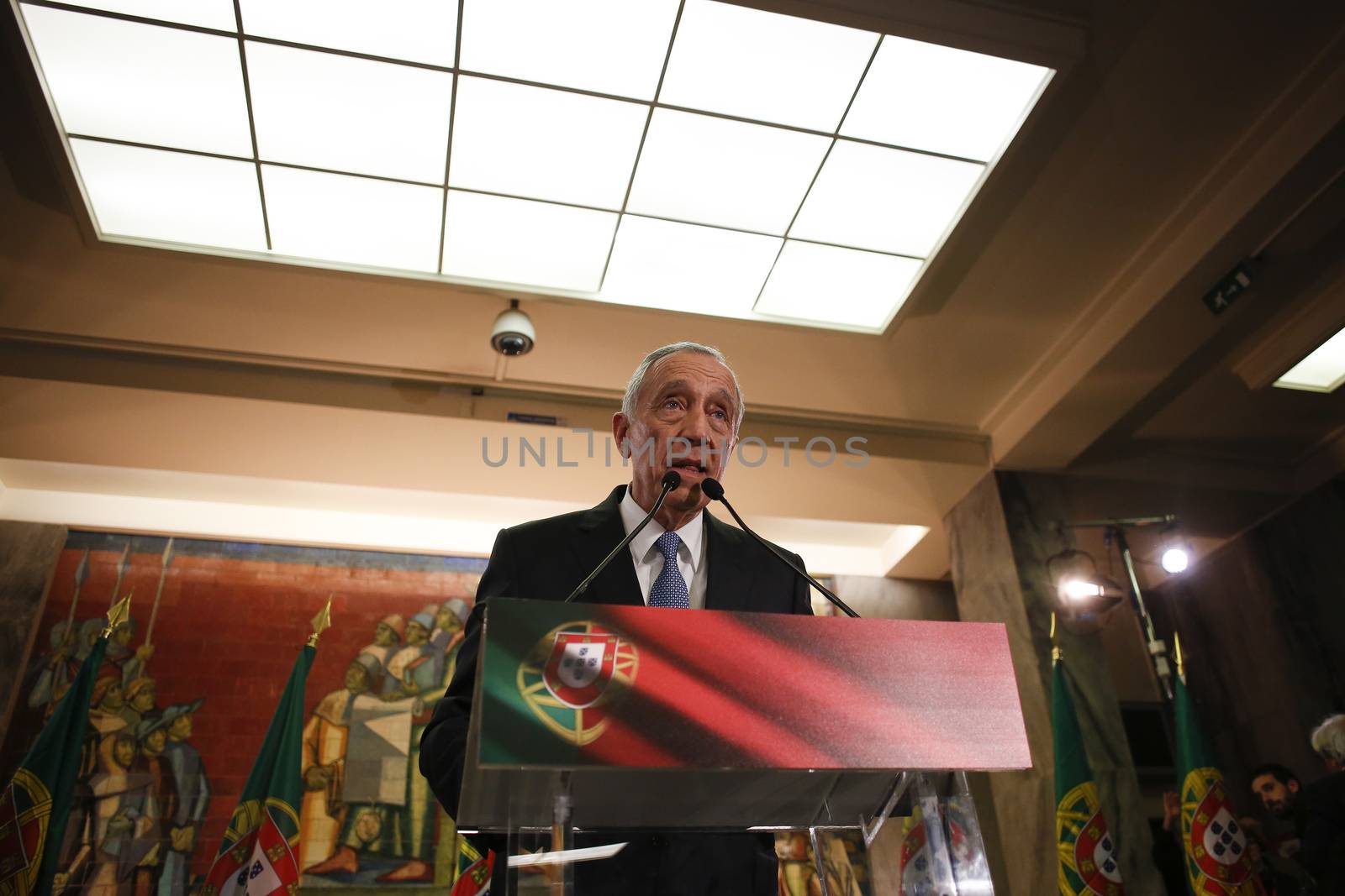 PORTUGAL, Lisbon: Portugal's new president, Marcelo Rebelo de Sousa, gives a speech in front of his supporters, in Lisbon, Portugal, on January 24, 2016, after winning the presidential elections with more than 50% of the votes.  