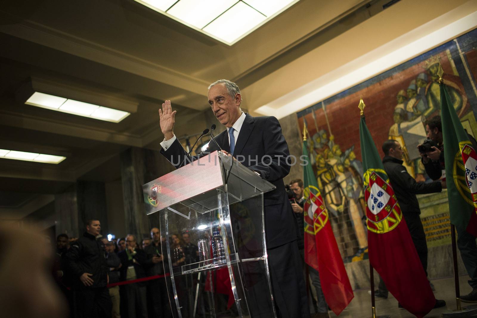 PORTUGAL, Lisbon: Center-right candidate Marcelo Rebelo de Sousa gives a speech in front of supporters in Lisbon on January 24, 2016 after winning the presidential elections. The 67-year-old won 52% of the votes. His closest rival, leftist Antonio Sampaio da Novoa, is polling 22%.