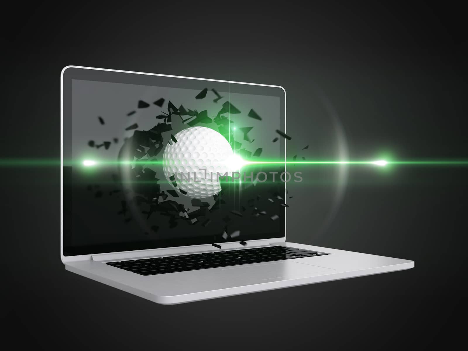 golf ball destroy laptop, technology background, sport background