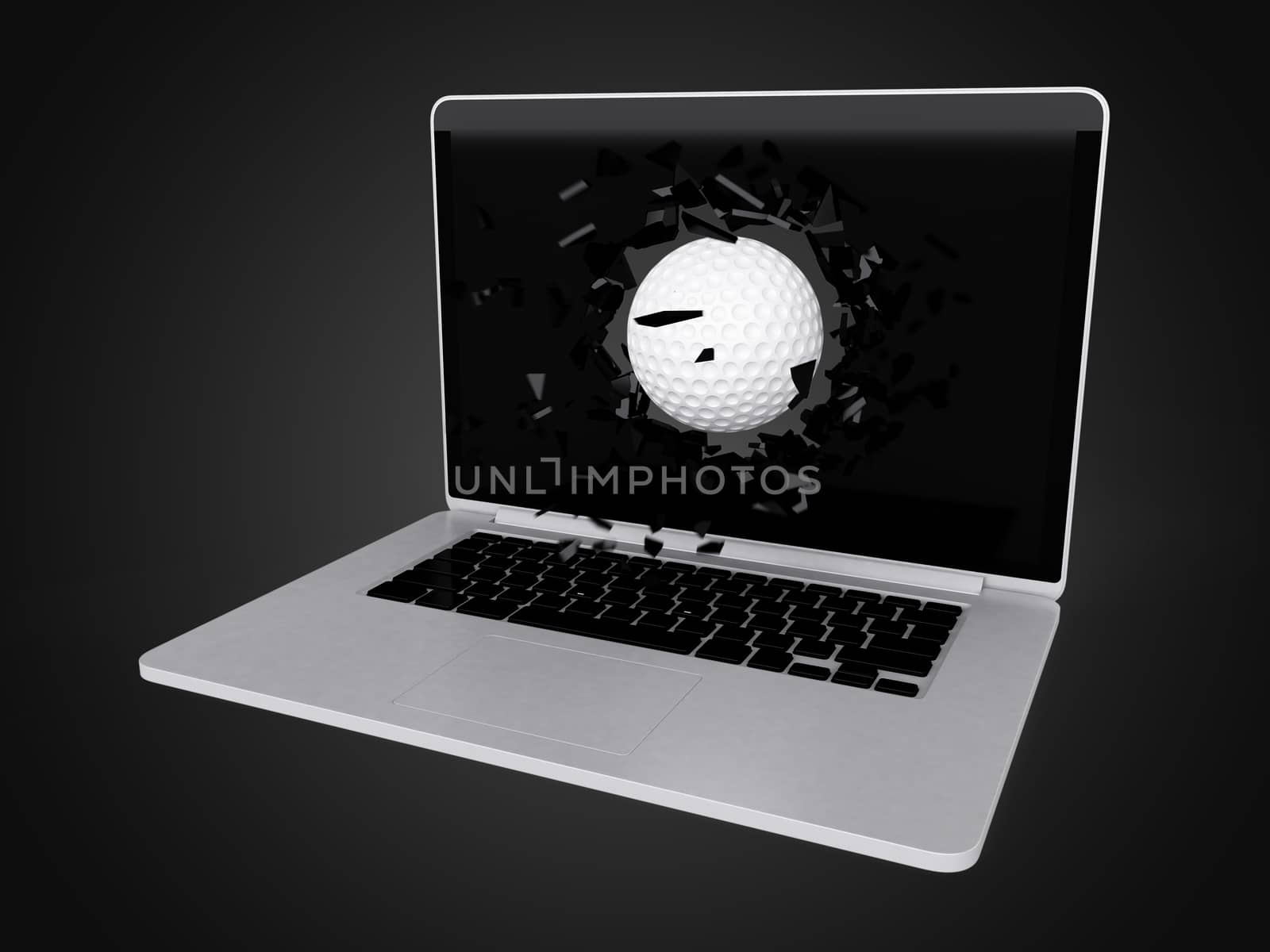 golf ball destroy laptop, technology background, sport background