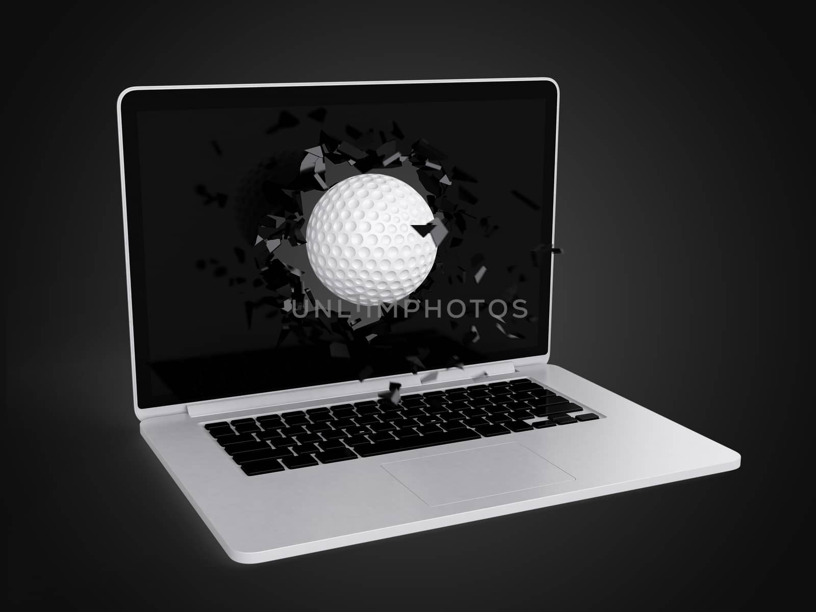golf ball destroy laptop, technology background, sport background