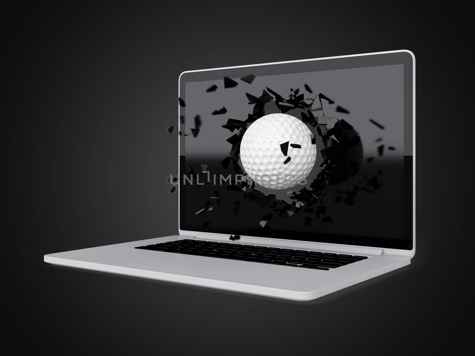 golf ball destroy laptop, technology background, sport background