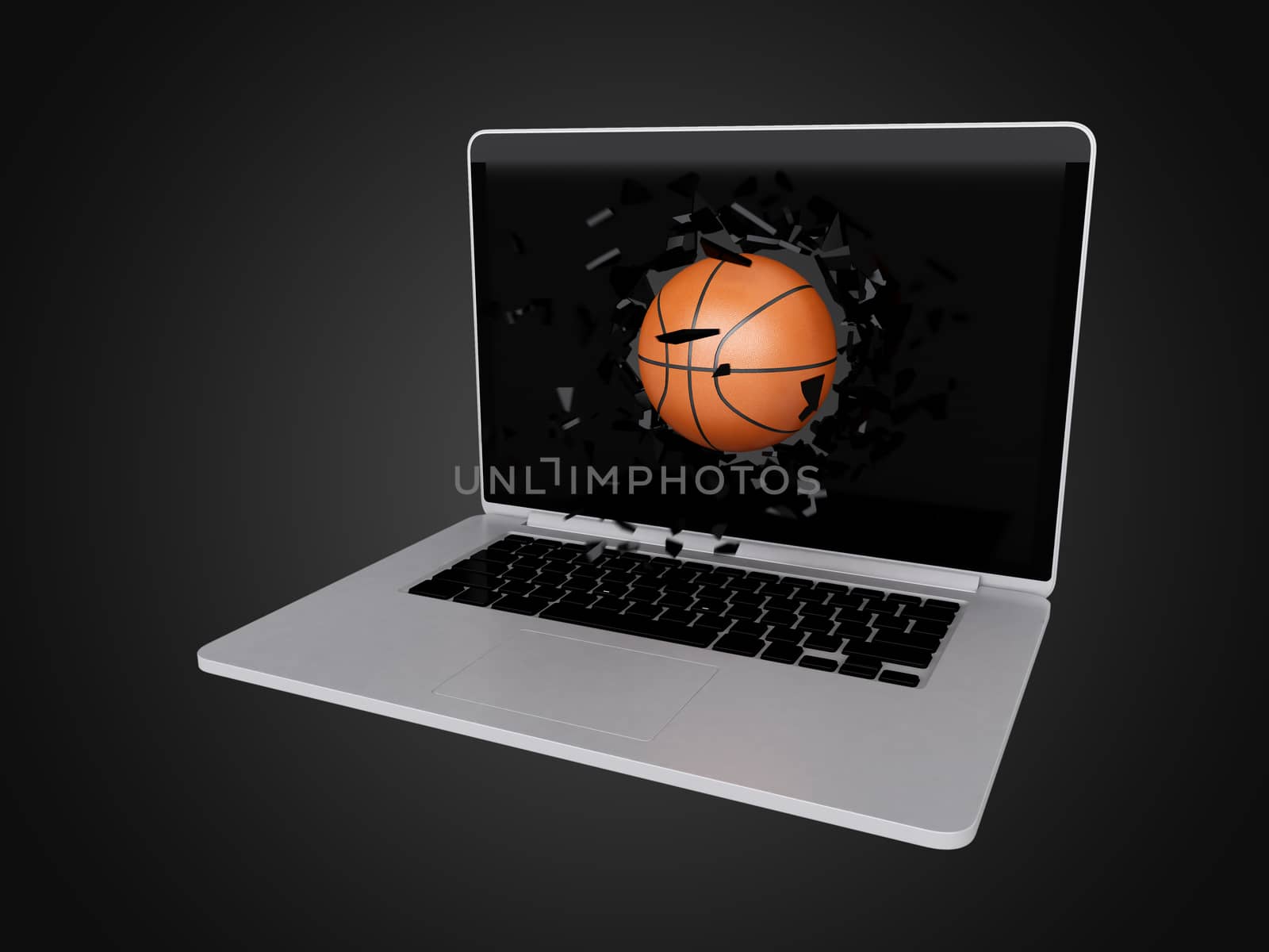 basketball destroy laptop, technology background, sport background