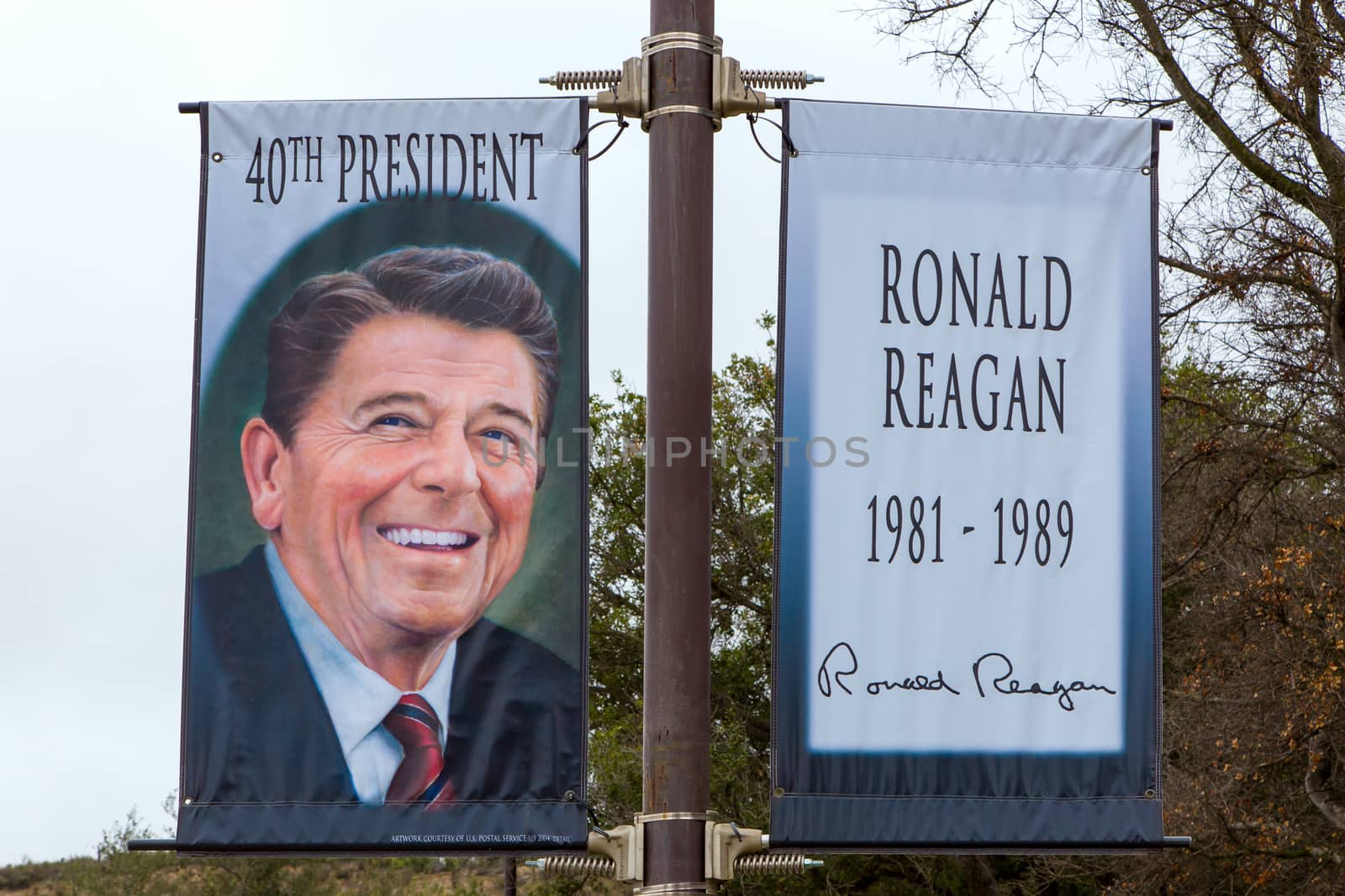 SIMI VALLEY, CA/USA - JANUARY 23, 2016: Banner of Ronald Reagan at the Ronald Reagan Presidential Library and Museum.