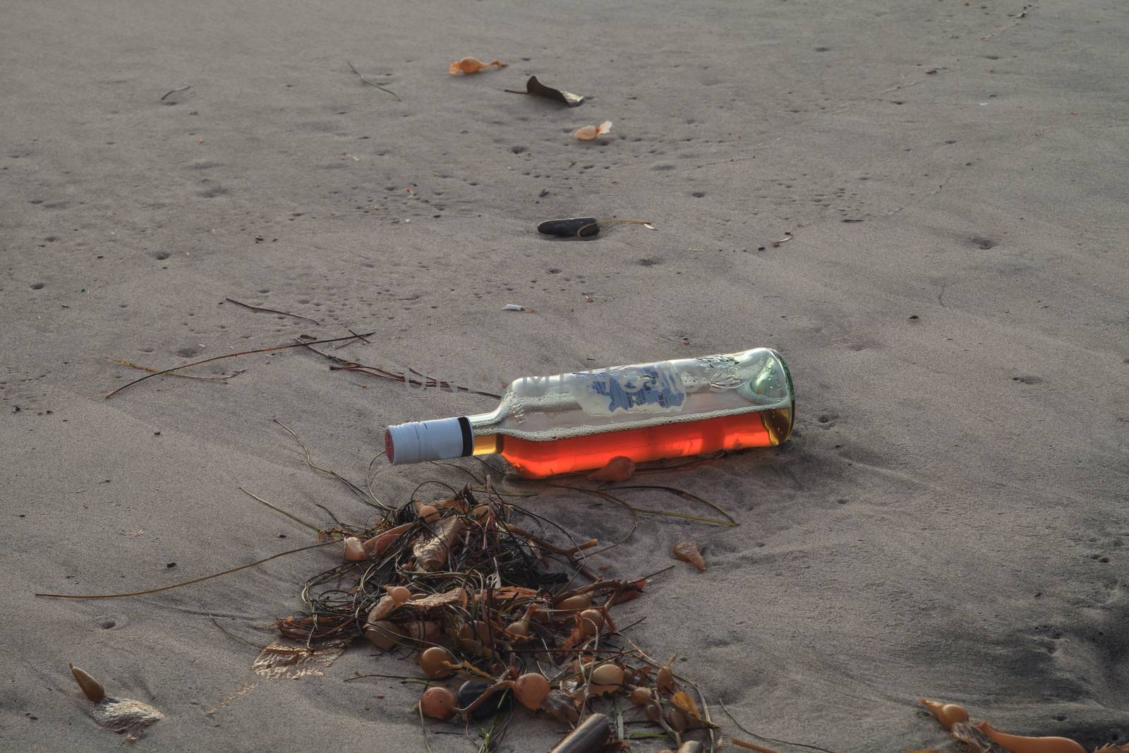 Bottle of alcohol on the beach by steffstarr