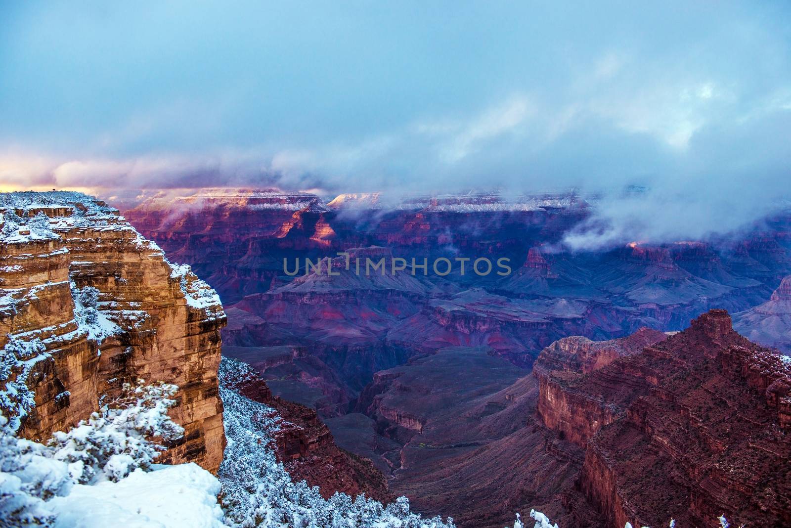 Winter Season in Grand Canyon National Park in Arizona, United States. Scenic Cloudy Grand Canyon Landscape.