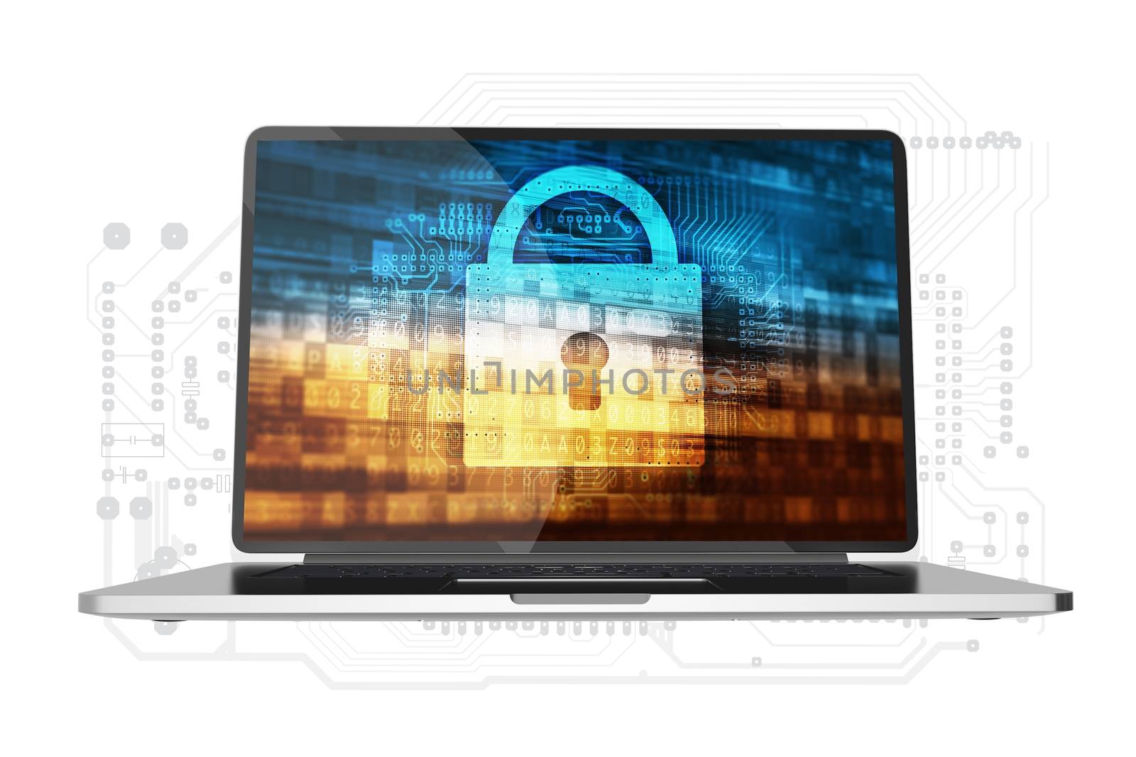 Safe Computer Access Conceptual Illustration. Modern Laptop Computer with Padlock and Digital Background Concept on Display. Laptop Isolated on White.