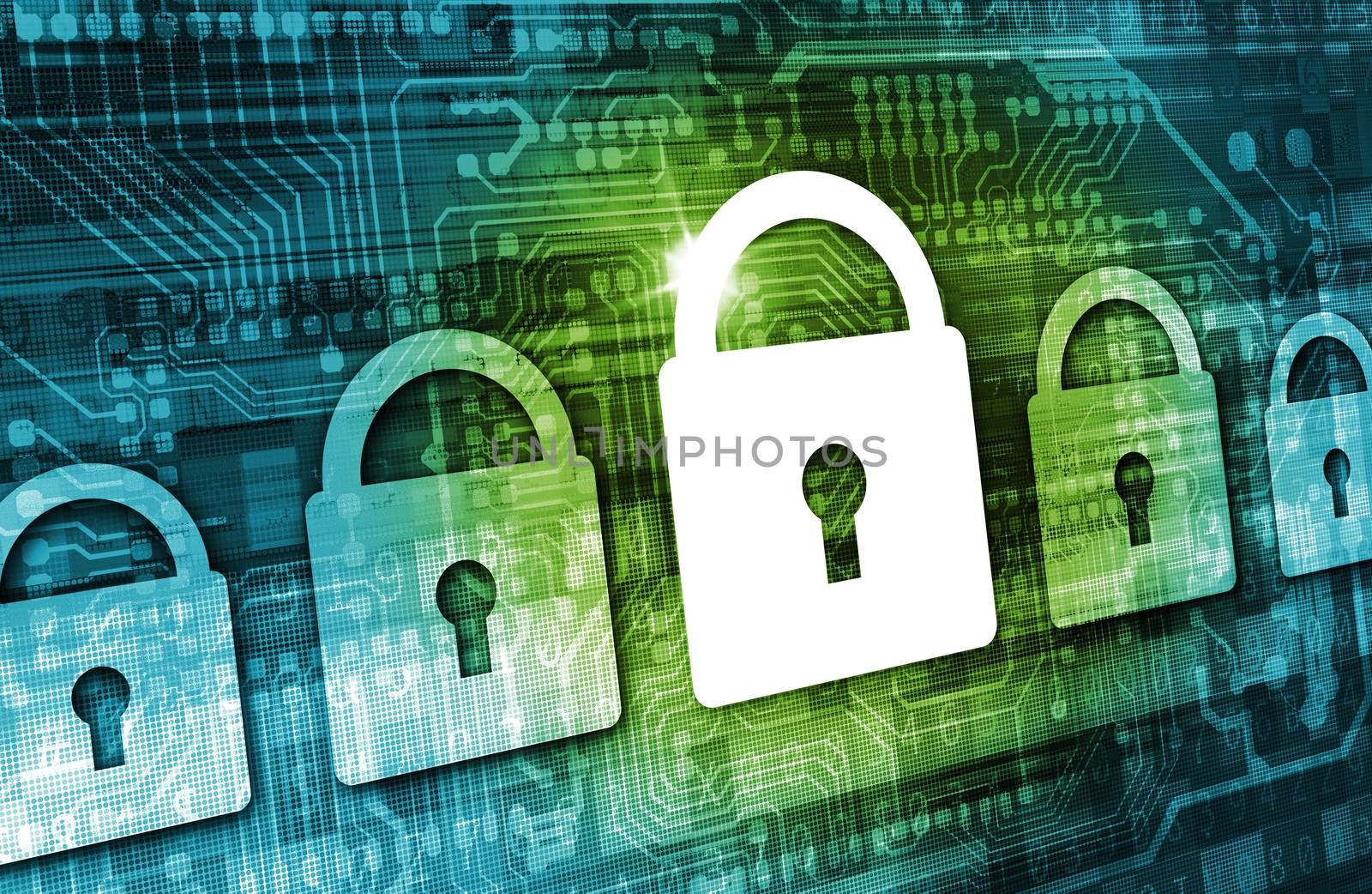 Online Data Security Concept Illustration with Padlock Icons, Cyber Background and Circuit Board Elements. Internet Security Technologies.