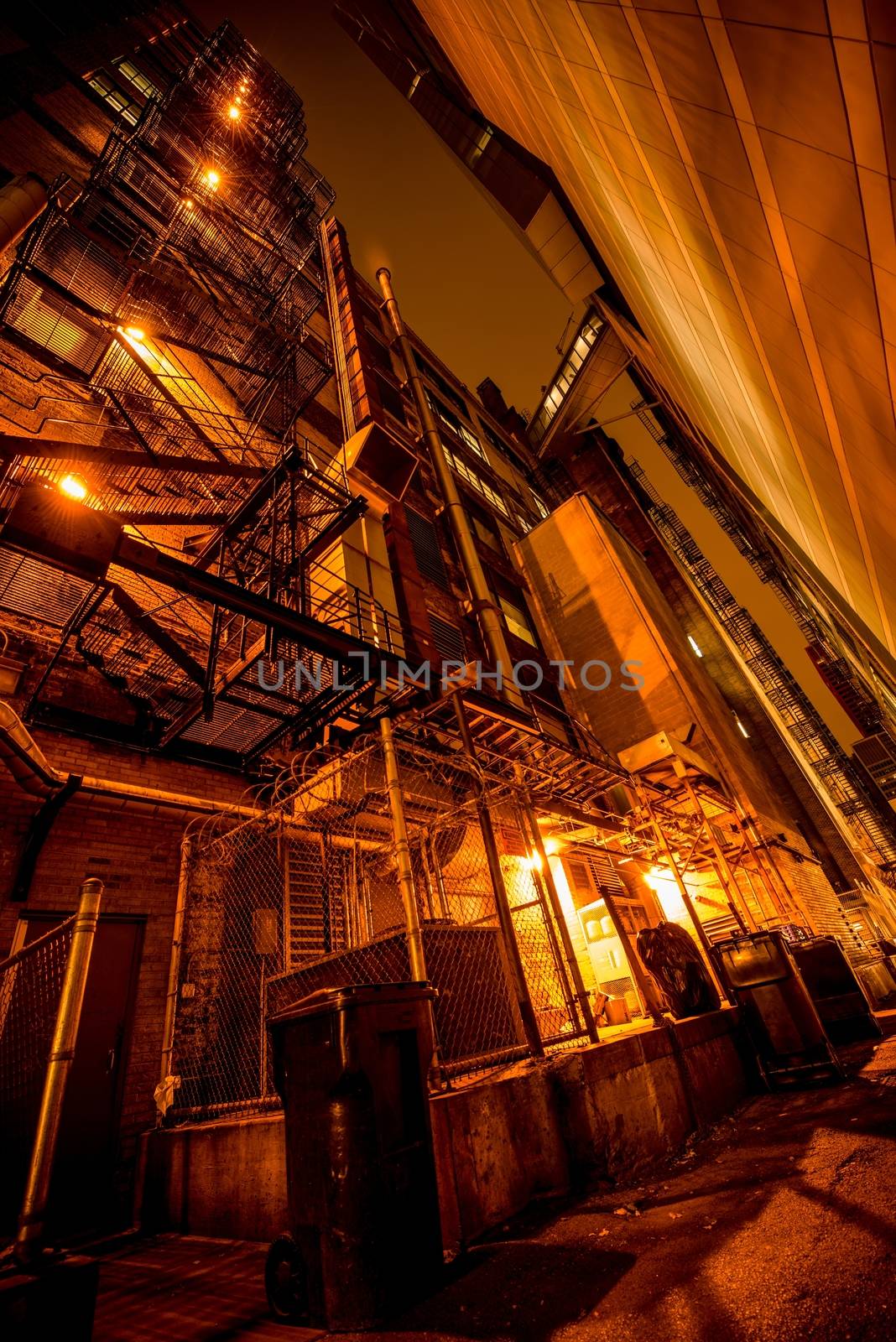 The Alley Place at Night. Large American City Alley in Super Wide Angle.