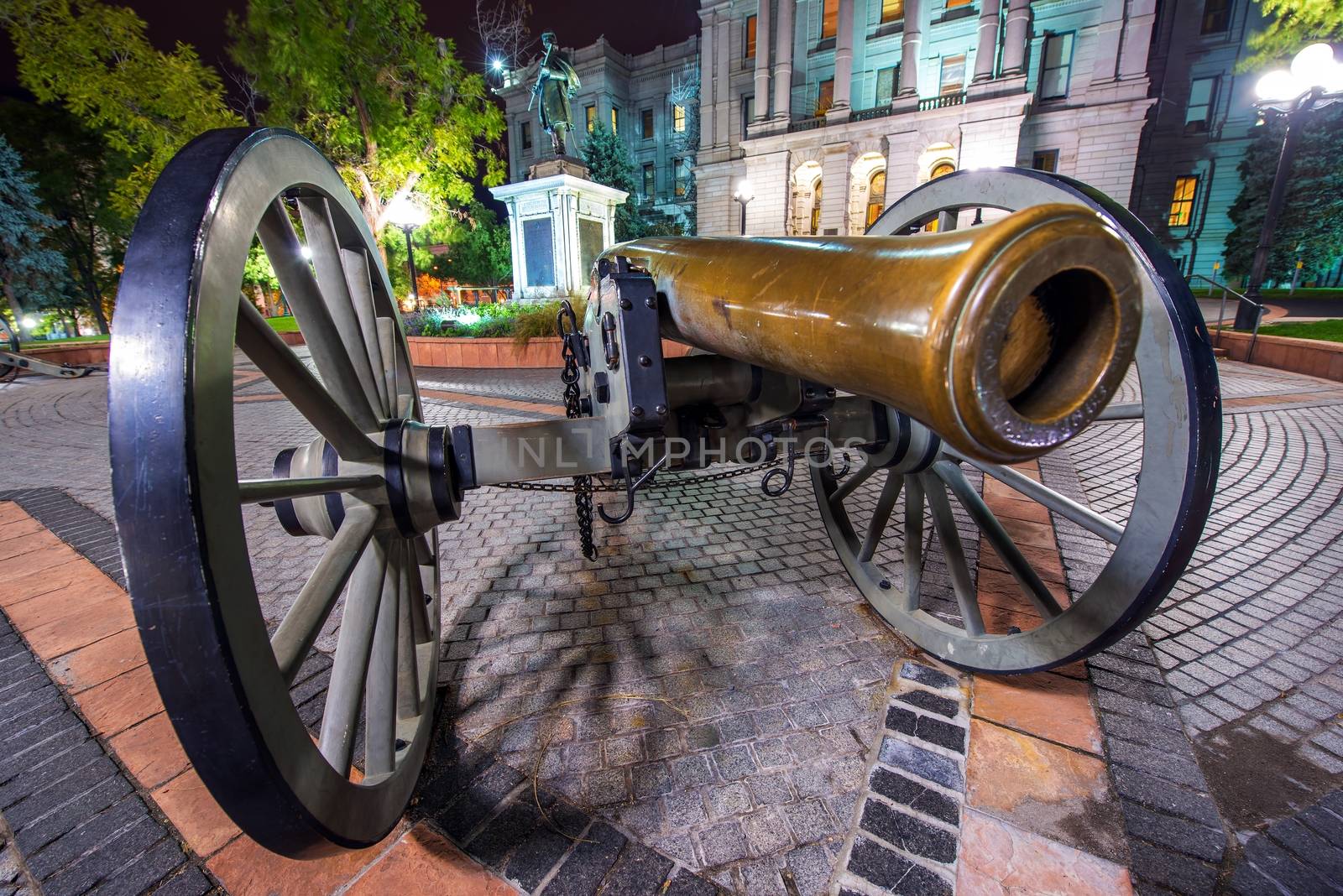 Large Cannon in Denver. Cannon in Front of Capitol Building at Night. Colorado, United States.