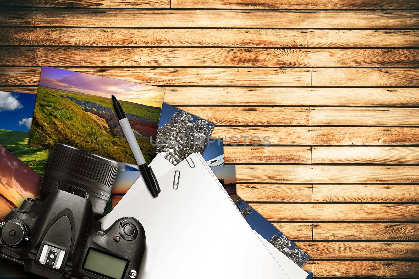 Photographer Desk Illustration. Digital Camera and Some Prints on the Wooden Desk. Digital Photography Concept.