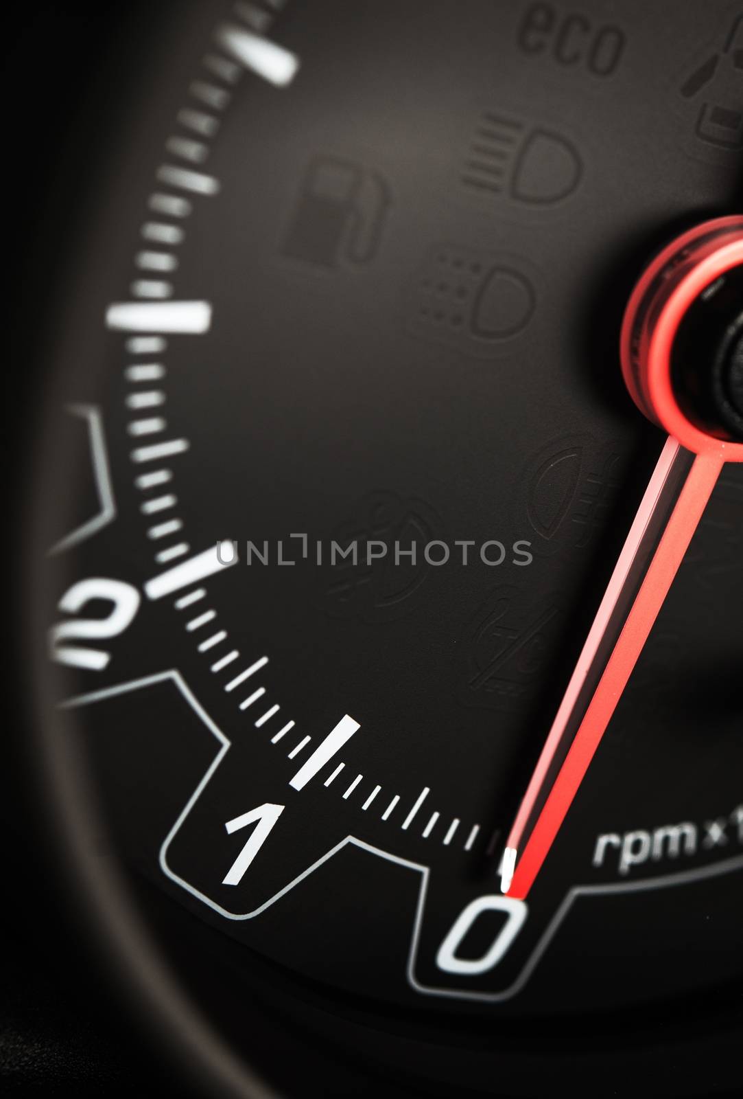 Black Car Tachometer Closeup. Rounds Per Minute Tacho. Car Technologies.