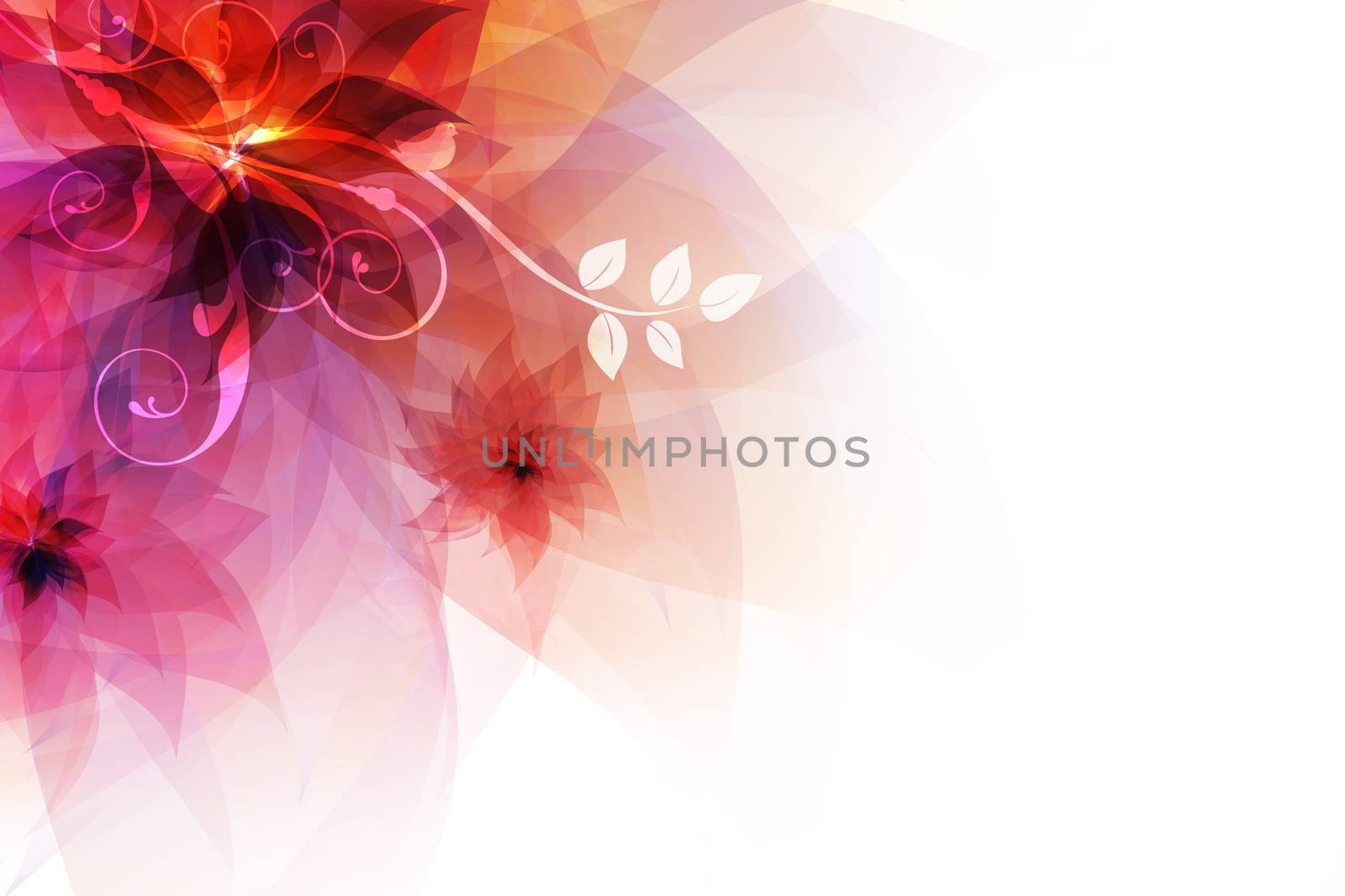 Colorful Floral Abstract Background with White Copy Space.  Flowering Abstraction Art Illustration.