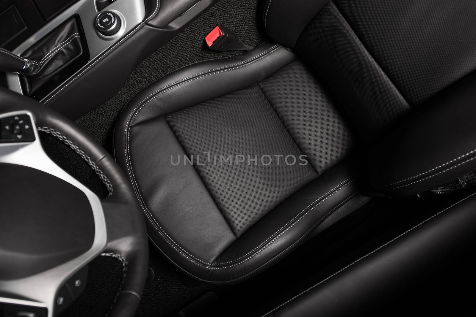 Driver Seat Photo From Above. Black Car Leather Interior. Driving Theme.