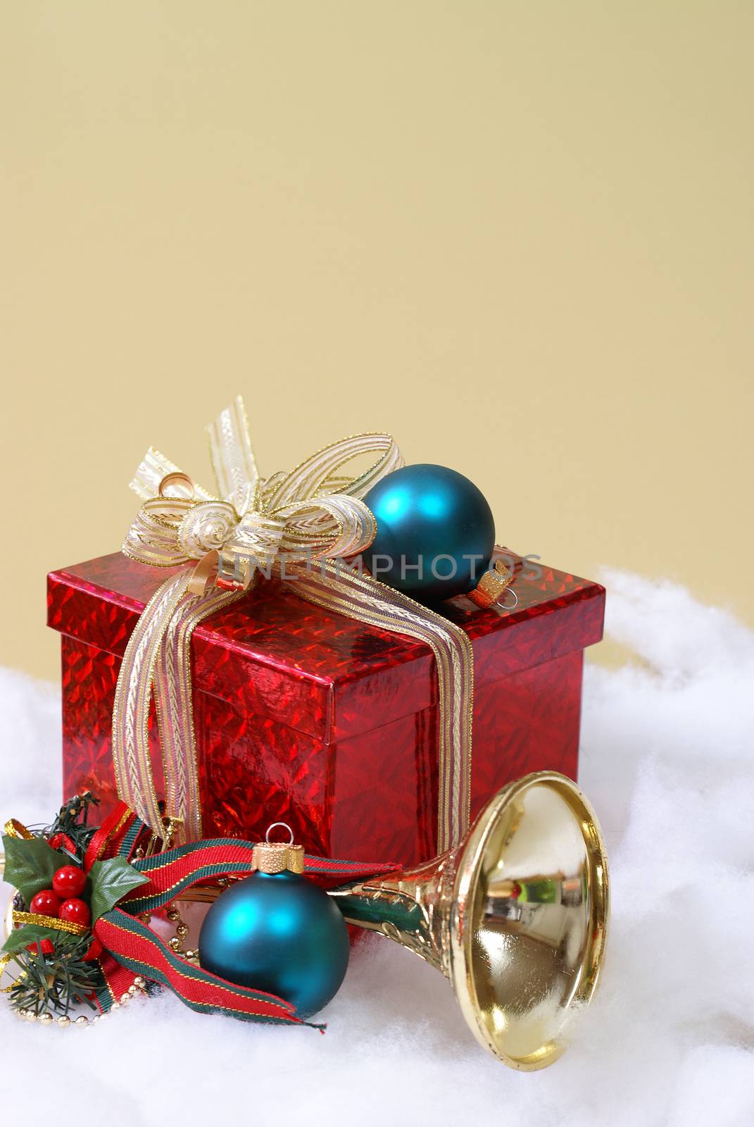 A decorative setting of the seasonal Christmas theme a nice red gift box.