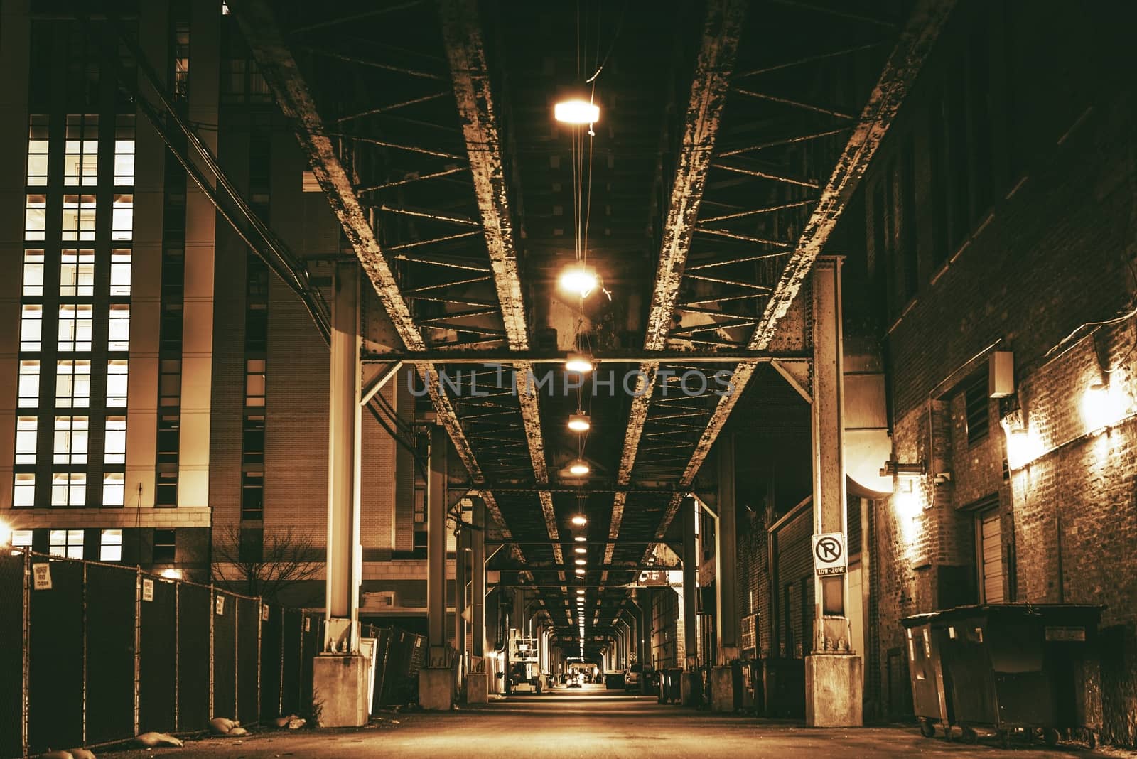 Chicago City Train Bridge in Downtown. Chicago After Dark. Sepia Color Grading Urban Theme.