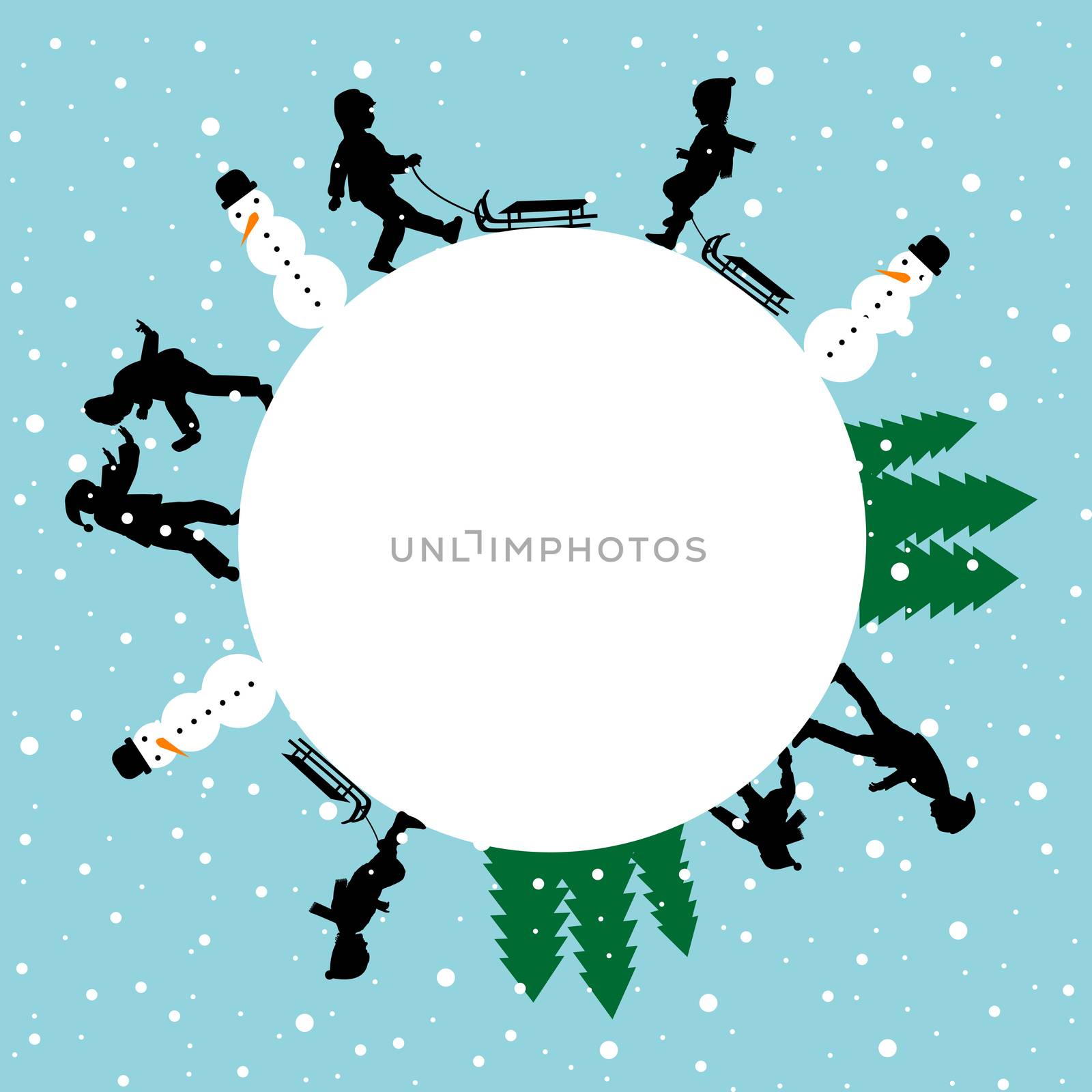 Winter round card with silhouettes of children playing by hibrida13