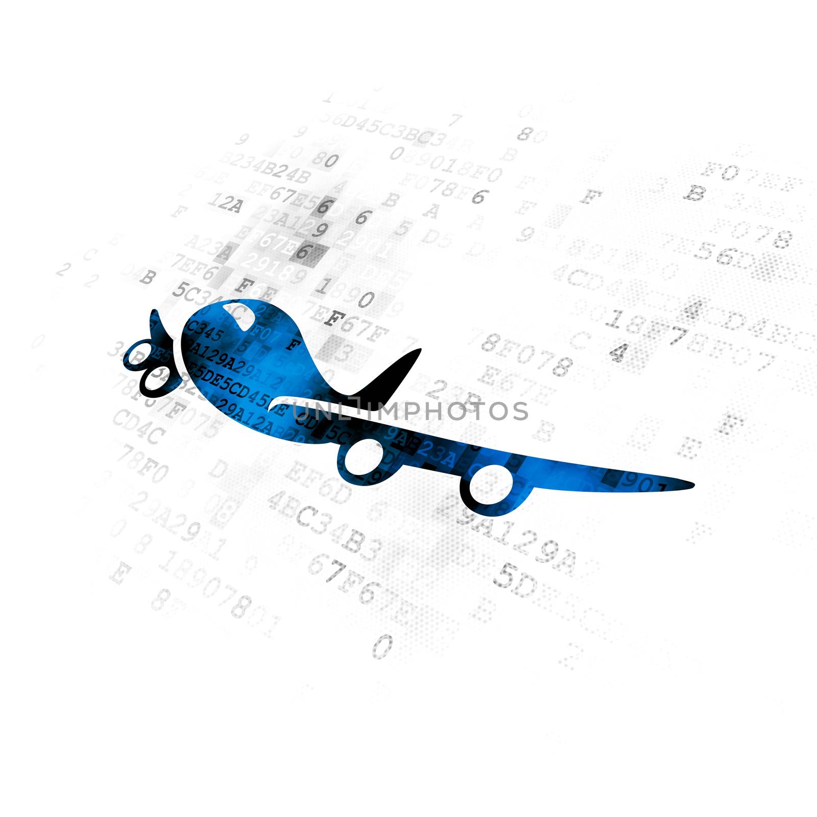 Tourism concept: Pixelated blue Airplane icon on Digital background