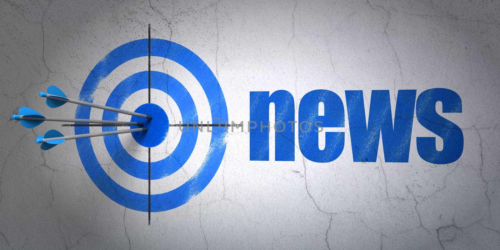 Success news concept: arrows hitting the center of target, Blue News on wall background
