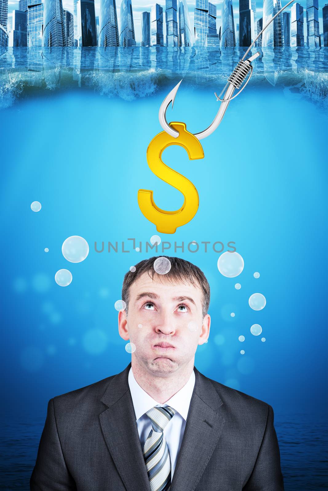 Businessman with inflated cheeks under water by cherezoff