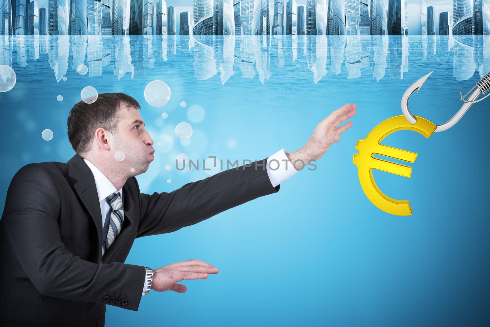 Businessman with inflated cheeks under water with hook and euro sign
