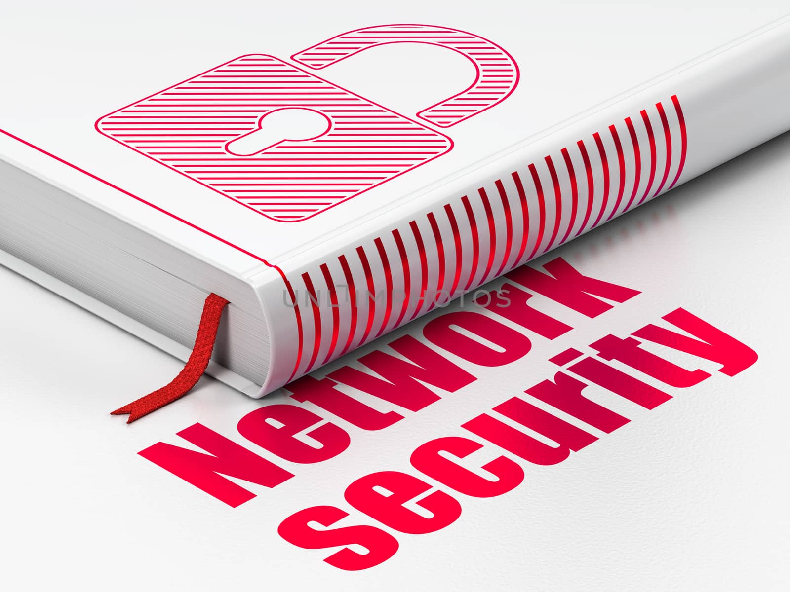 Security concept: closed book with Red Closed Padlock icon and text Network Security on floor, white background, 3d render