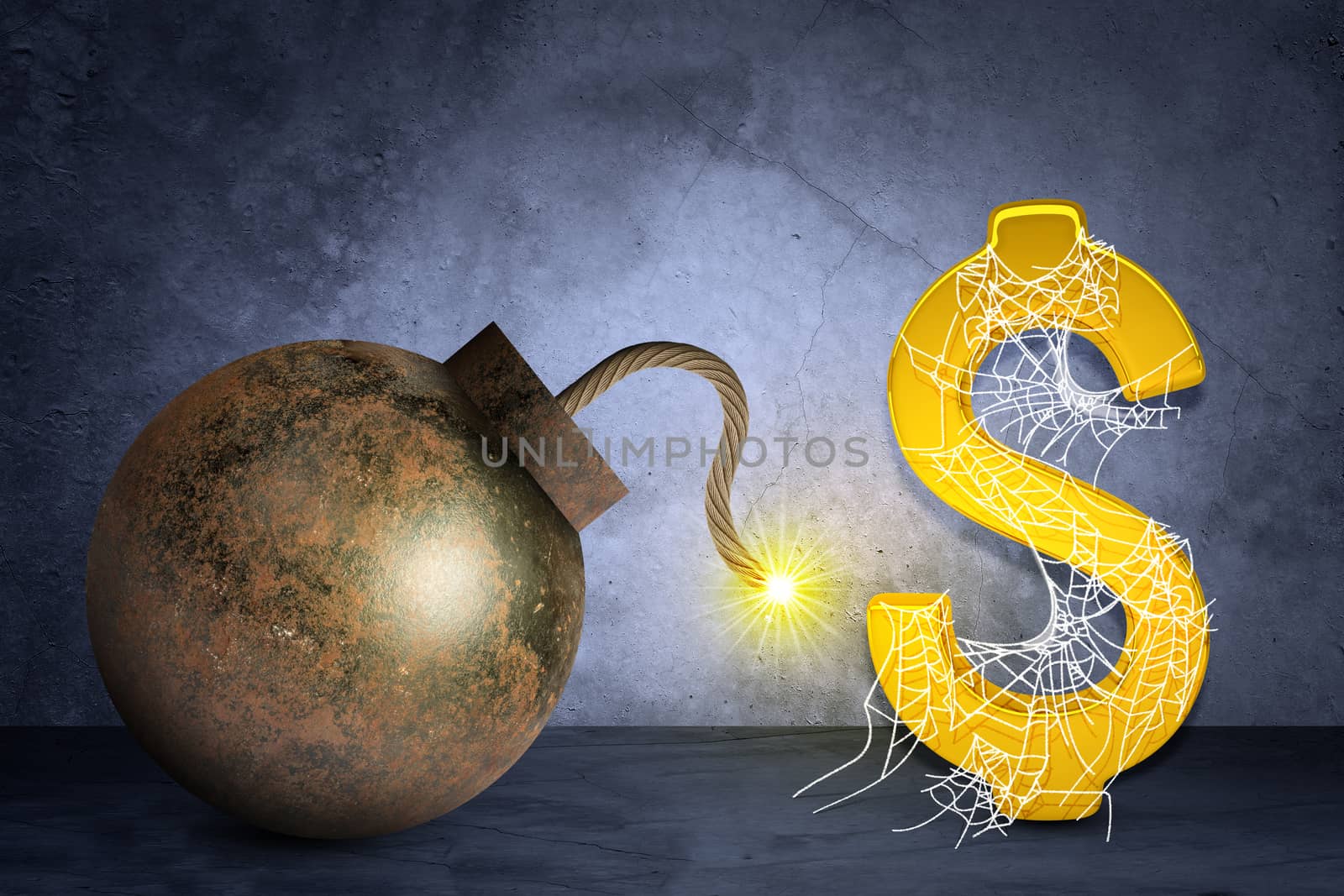 Golden dollar sign with bomb in spider net on grey background