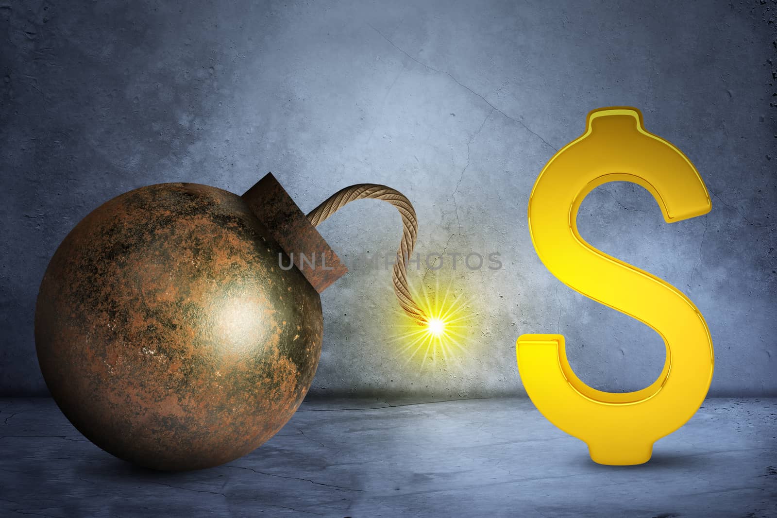 Golden dollar sign with bomb on grey background