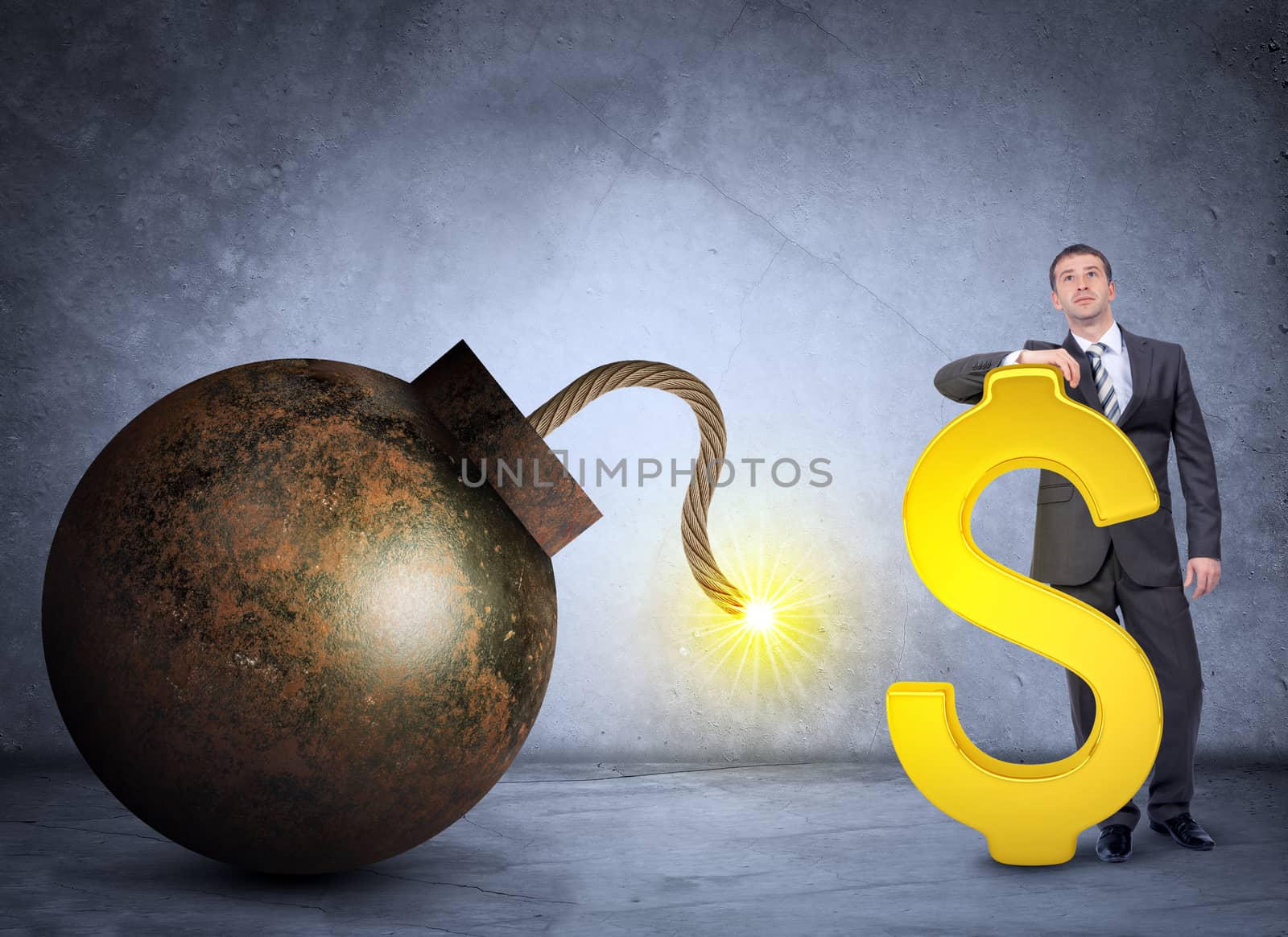 Businessman with bomb and dollar sign on grey wall background