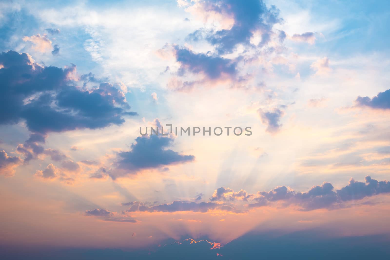 Sky with clouds and sun, nature background