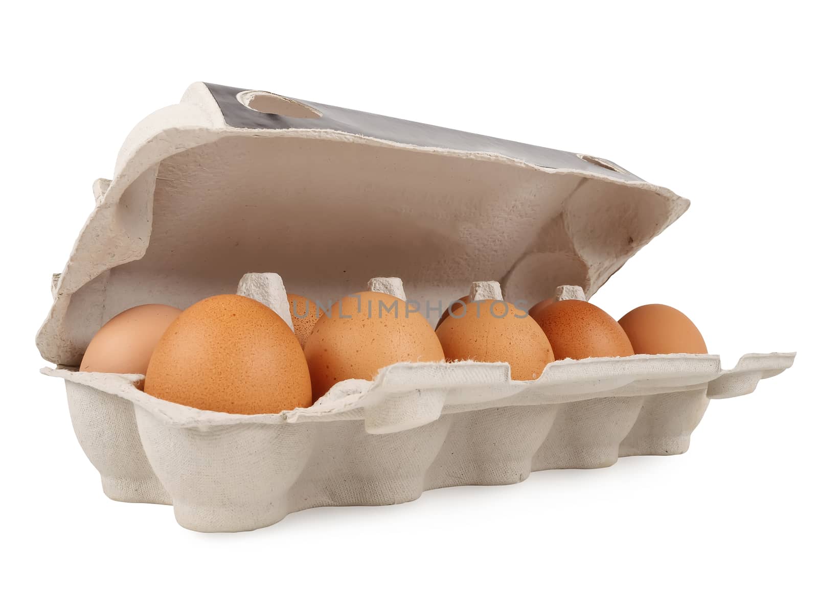 ten fresh eggs in carton package, studio shot