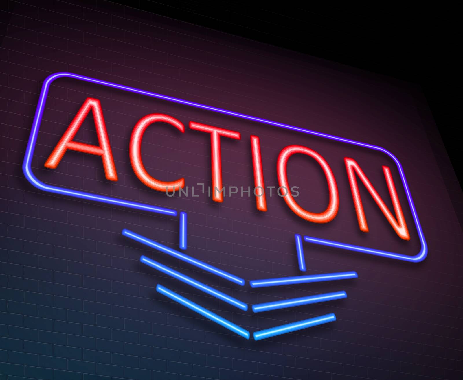 Illustration depicting an illuminated neon sign with an action concept.