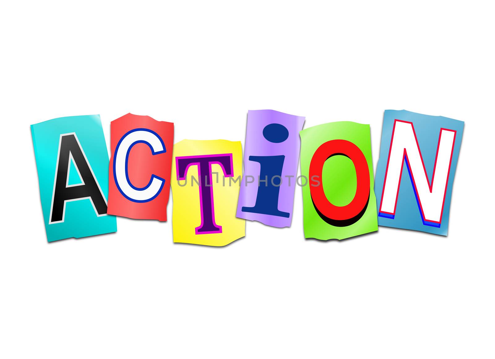 Illustration depicting a set of cut out printed letters arranged to form the word action.