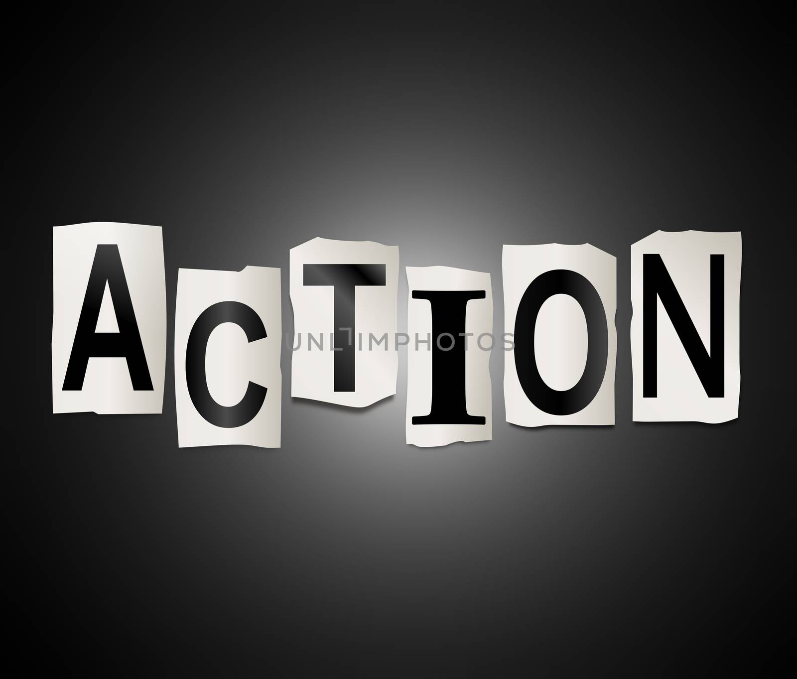 Illustration depicting a set of cut out printed letters arranged to form the word action.