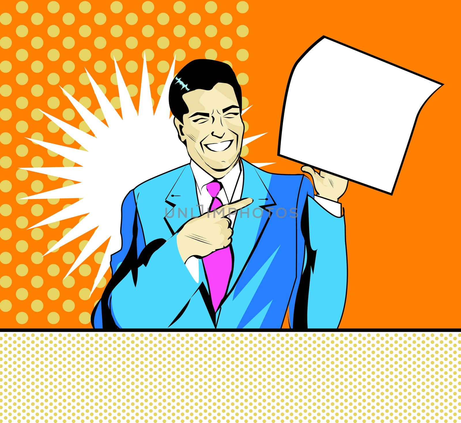 happy advertising man with sheet of paper in a hand in pop art comic style